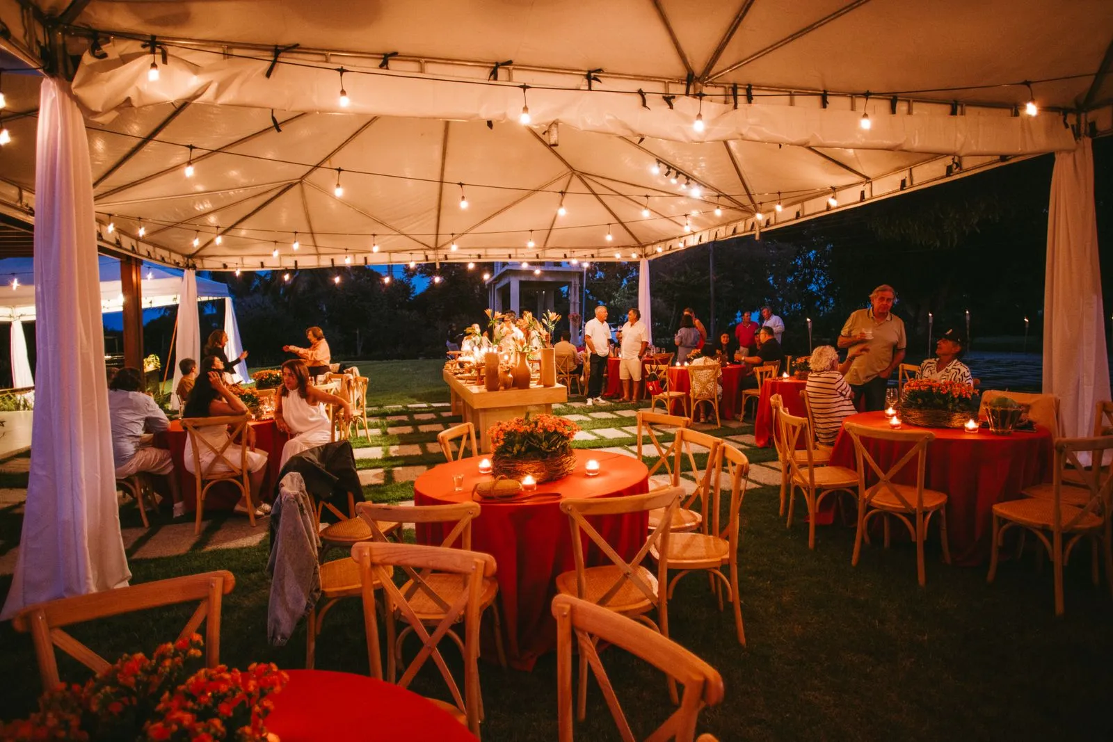 Evening outdoor wedding event under a canopy with string lights — backyard wedding checklist