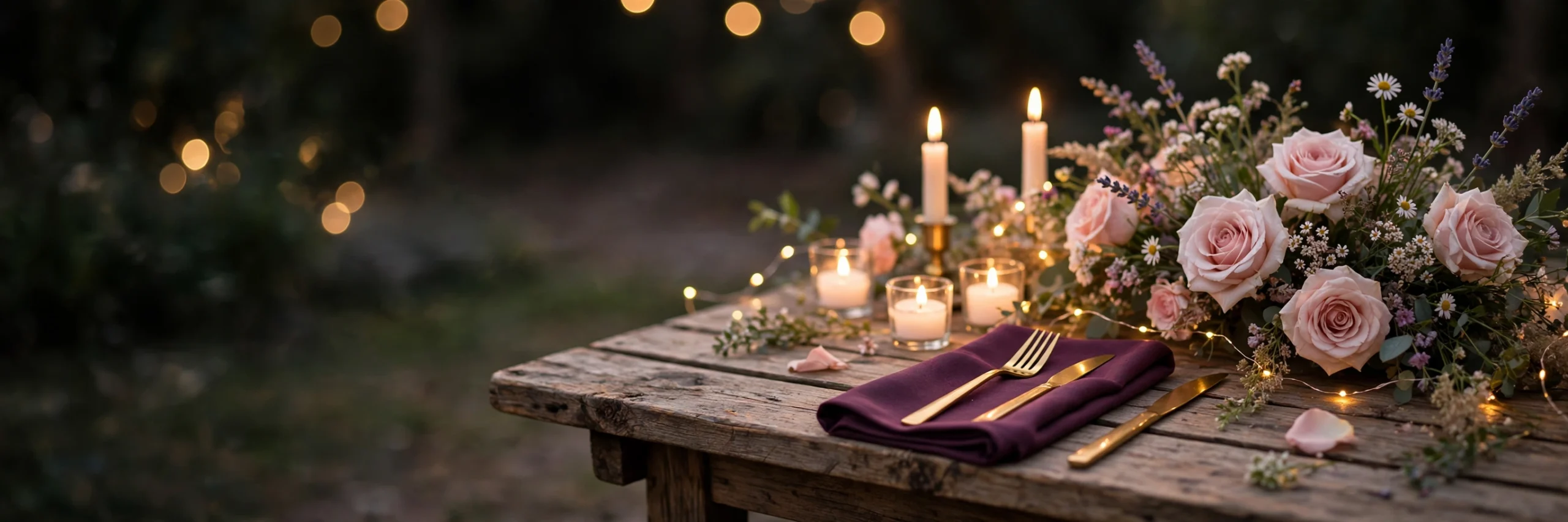 Candlelit budget wedding reception table with blush roses and string lights